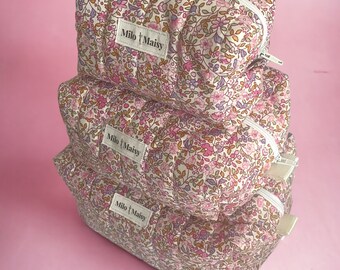 Ditsy Pink Floral Handmade Quilted Boxy Makeup Bag with lining & zipper - Mini/Medium/Large