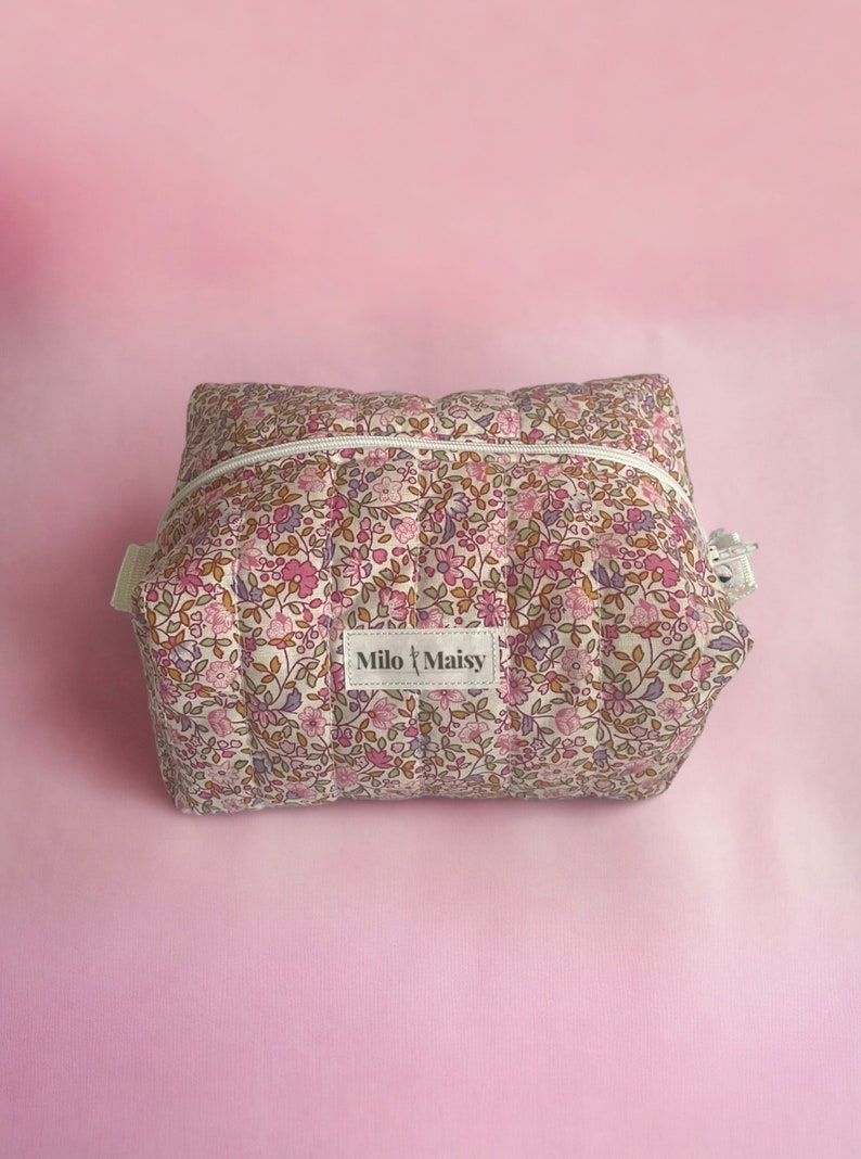Ditsy Pink Floral Handmade Quilted Boxy Makeup Bag with lining & zipper Mini/Medium/Large image 8