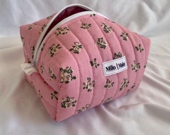 Pink Floral Medium Handmade Quilted Boxy Makeup Bag Fully lined & Zipper