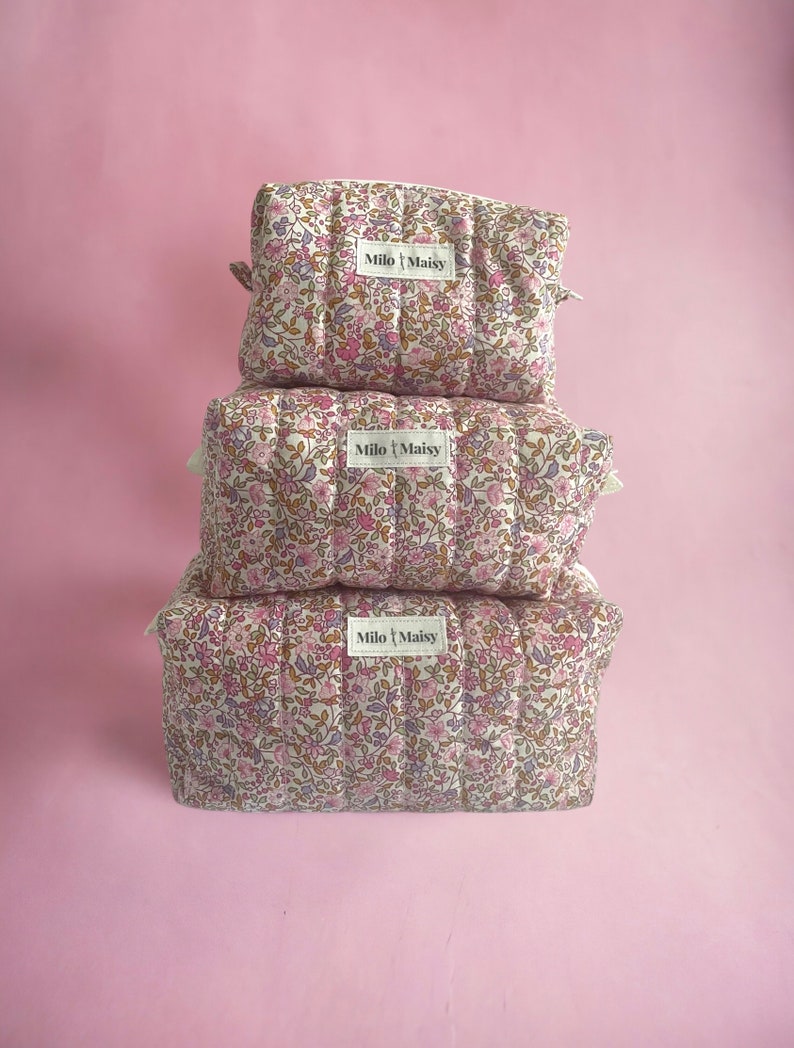 Ditsy Pink Floral Handmade Quilted Boxy Makeup Bag with lining & zipper Mini/Medium/Large image 3