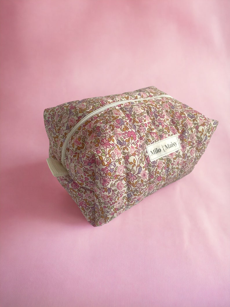 Ditsy Pink Floral Handmade Quilted Boxy Makeup Bag with lining & zipper Mini/Medium/Large image 10