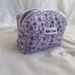 Handmade Purple Floral Quilted Mini Makeup Bag with Lining & Zipper