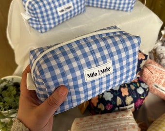 Handmade Blue Gingham Quilted Mini Makeup Bag with Lining & Zipper