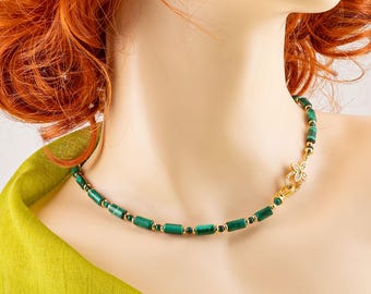 Malachite Necklace, Natural Gemstone 4mm Beads, Malachite Beaded Choker Gift for Women, Gold Plated CZ Buckle Clasp