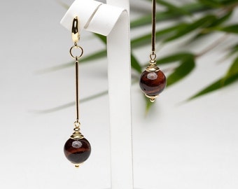 Tiger Eye Earrings. Long Dangle Earrings for Women with Natural Gemstones in Gold. Drop Ball Earrings. Genuine gemstones Beaded Jewelry