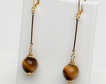 thumbnail interactive-video image 1 of Handmade 10mm Natural Yellow Tiger Eye Stone Dangle Earrings – Nickel-Free Leverback 1 of 5