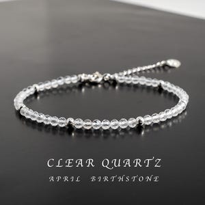 Dainty Clear Quartz Bracelet. Natural 3mm Clear Quartz Crystal Minimalist Jewelry. Stackable Beaded Bracelet. April Birthstone Birthday Gift