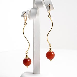Dangle Carnelian Earrings Gold/Silver. 3-in Long Bar Drop Earrings with Red Carnelian Gemstone & Small Huggie Hoop Locks. Handmade Jewelry