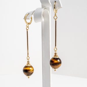 Tigers Eye Earrings. Dangle Gemstone Earrings. Long Yellow Tiger Eye Stone Earrings. Gold/Silver Huggie Hoop Drop Ball Earrings for Women.