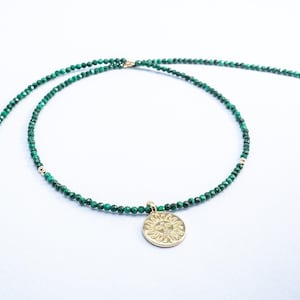 Dainty Malachite Necklace Pendant • Beaded Tiny 2mm Natural Green Malachite Gemstones Necklace/ Choker. Minimalist Layering Necklace in Gold