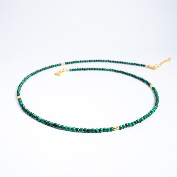 Dainty Malachite Necklace • Beaded Tiny 2mm Natural Green Malachite Gemstones Necklace/ Choker • Minimalist Layering Necklace in Gold/Silver