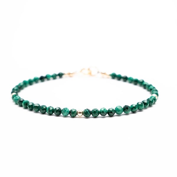 Dainty Malachite Bracelet • Genuine Mini 3mm Green Malachite Gemstones Bracelet • Hand-beaded Minimalist Stacking Bracelet in Gold/Silver