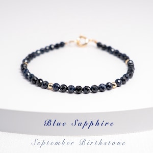 Natural Sapphire Bracelet: Sterling Silver, 14K Gold Filled. Dainty 3mm Dark Blue Gemstones, September Birthstone Bracelet
