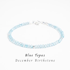 Dainty Blue Topaz Bracelet, Genuine Topaz Gemstone 2.5mm Bracelet for Women Sterling Silver/Gold Filled, December Birthstone Birthday Gift