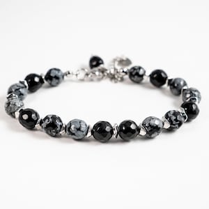 Snowflake Obsidian Bracelet. Natural Obsidian Gemstone Bracelet for Women/Men. Handmade Adjustable Beaded Bracelet. Black & White Bracelet