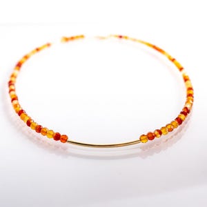 Dainty Delicate Carnelian Necklace/Choker with Gold Accent Tube Centerpiece. Minimalist Handmade Beaded Gemstone Necklace Gift for Women.