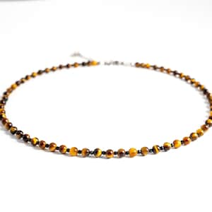 Dainty Tiger Eye Necklace. Beaded Natural Yellow Tiger Eye Necklace/Choker. Handmade 4mm Gemstone Necklace for Women/Men. Minimalist Jewelry