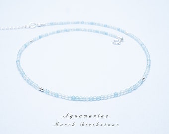 Natural Blue Aquamarine Necklace. Dainty Aquamarine Tiny 2mm Crystals Necklace/Choker for Women. March Birthstone Birthday Gift