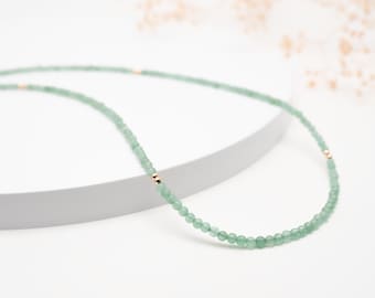 Green Aventurine Necklace Choker-Gold Filled, Sterling Silver, Beaded Tiny 2mm Natural Gemstones, Dainty Crystal Necklace