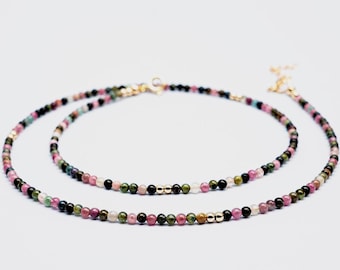 Tourmaline Necklace–14K Gold Filled, Sterling Silver, Tiny 2mm Natural Multicolor Gemstone Choker, Dainty October Birthstone Necklace