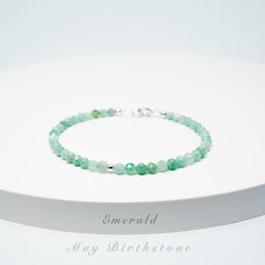 Dainty Emerald Bracelet–Gold Filled, Sterling Silver, Natural 3mm Gemstone Beads, May Birthstone Bracelet
