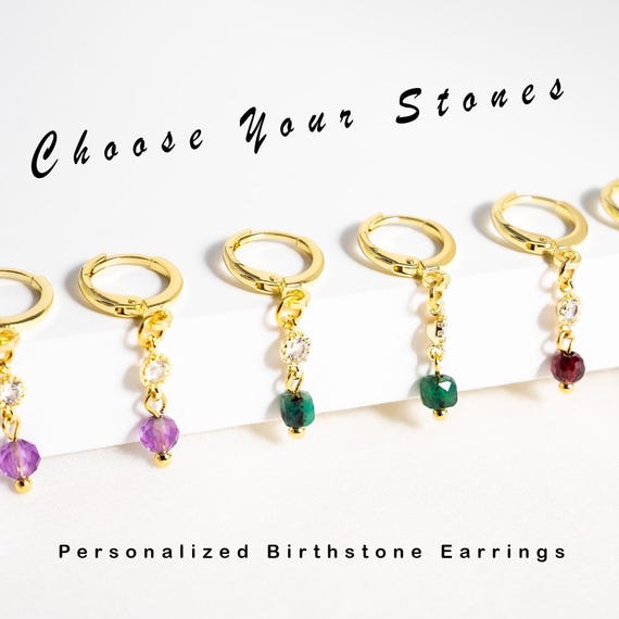 Personalized Birthstone Earrings • Huggies Hoops Gemstone Earrings