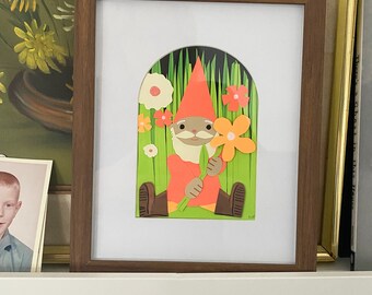 Paper Collage Gnome in Arched Frame