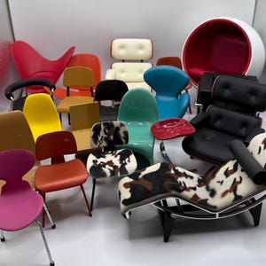 Damaged 1:12 Scale Miniature MCM Chairs, Mid Century Modern - Eame Chair, Eiffel Tower Dowel Legs, Ball Chair, Accent Chair, Side Table