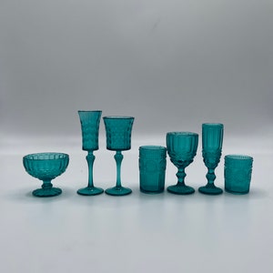 1:6 Scale Miniature - Set of 7 - Decanter, Champagne Flute, Rocks Glasses, Vintage Style Miniature Green Glasses, Kitchen Glassware, MCM