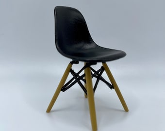 1:12 Scale Mid Century Modern MCM Miniature Chair, Mini Designer Chair in Black with Eiffel Tower Dowel Legs