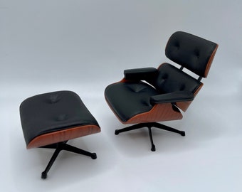 Miniature Eame Chair with Ottoman 1:12 Scale MCM Lounge Chair, Black and White, Mid Century Modern - Famous Design, RARE