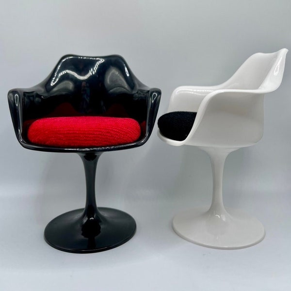 1:6 Scale Tulip Chair Miniature Mid Century Modern Acrylic Mini, MCM Design, Barbie Dollhouse Sized Miniature Chair - Black,Red,White