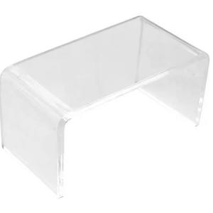 May include: A clear acrylic display stand with a rectangular top and curved sides. The stand is a U-shape and is designed to showcase items. The stand is transparent and sits on a white background.