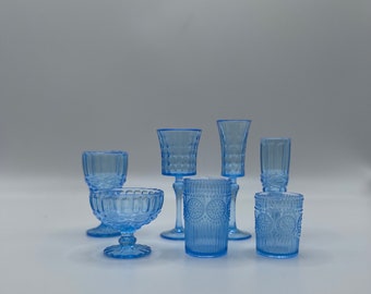 1:6 Scale Miniature - Set of 7 - Decanter, Champagne Flute, Rocks Glasses, Vintage Style Miniature Blue Glasses, Kitchen Glassware, MCM