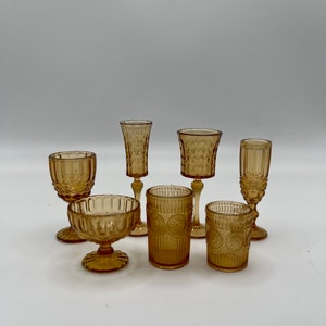 1:6 Scale Miniature - Set of 7 - Decanter, Champagne Flute, Rocks Glasses, Vintage Style Miniature Brown Glasses, Kitchen Glassware, MCM