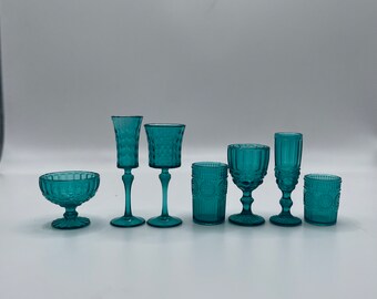 1:6 Scale Miniature - Set of 7 - Decanter, Champagne Flute, Rocks Glasses, Vintage Style Miniature Green Glasses, Kitchen Glassware, MCM