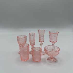 1:6 Scale Miniature - Set of 7 - Decanter, Champagne Flute, Rocks Glasses, Vintage Style Miniature Pink Glasses, Kitchen Glassware, MCM