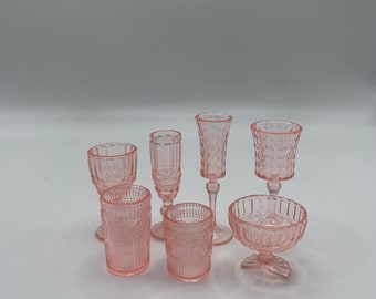 1:6 Scale Miniature - Set of 7 - Decanter, Champagne Flute, Rocks Glasses, Vintage Style Miniature Pink Glasses, Kitchen Glassware, MCM