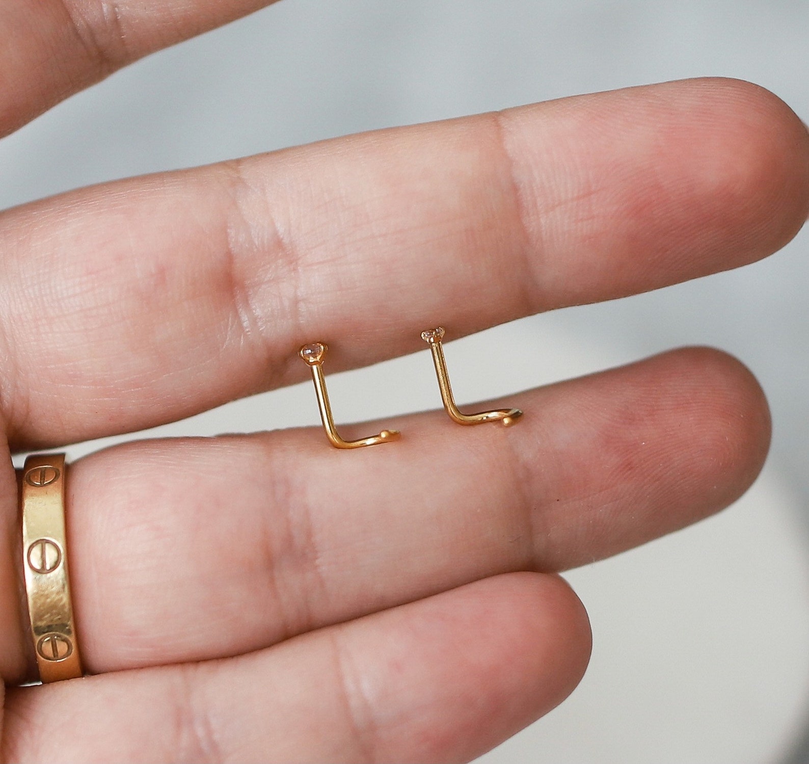 18g Diamond Nose Screw Nose Ring Gold Nose Stud Gold Nose Etsy