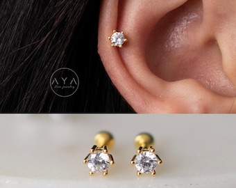 18k Gold Diamond Studs, Dainty Studs, Toddler Earrings, Hypoallergenic, Screw back earrings, Cartilage diamond studs