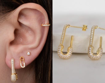 18k Gold Paper Clip Earrings, Diamond Paper Clip, Trendy Earrings, Cubic Zirconia, 925 Sterling Silver hoops