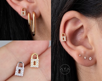 Dainty 18k Gold Diamond Lock Earrings. Minimalist Piercing Jewelry. Hypoallergenic Sterling Silver Earrings