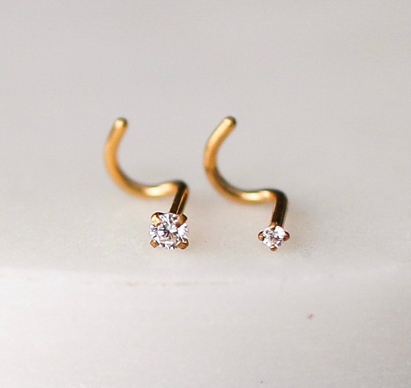 18g Diamond Nose Screw Nose Ring Gold Nose Stud Gold Nose Etsy