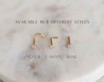 Diamond Nose Screw, Nose Stud, L-Shape Nose Stud, Nose Bone, Nose Ring, 316 Surgical Steel, CZ Prong