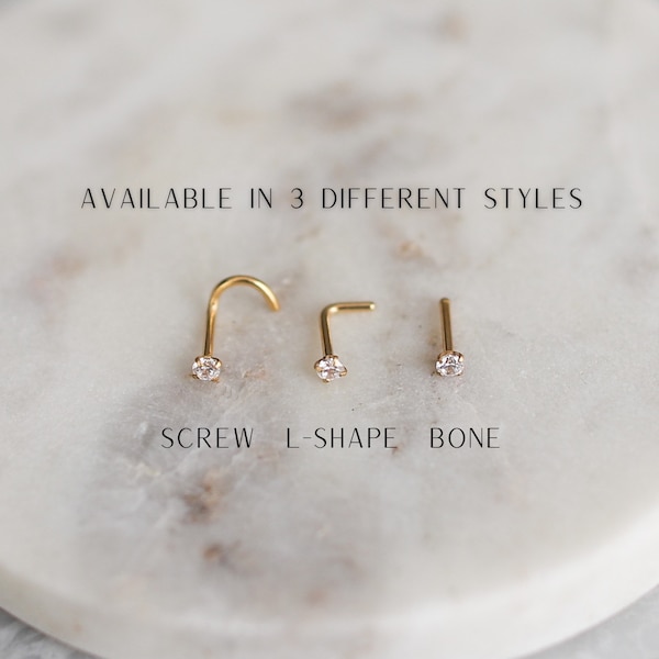 Diamond Nose Screw, Nose Stud, L-Shape Nose Stud, Nose Bone, Nose Ring, 316 Surgical Steel, CZ Prong