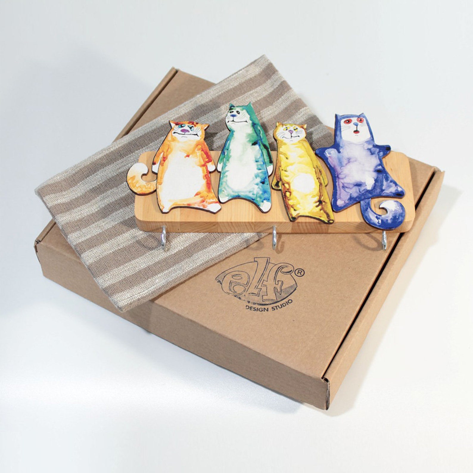 Cat key holder for wall funny cats colorful entryway wood Etsy