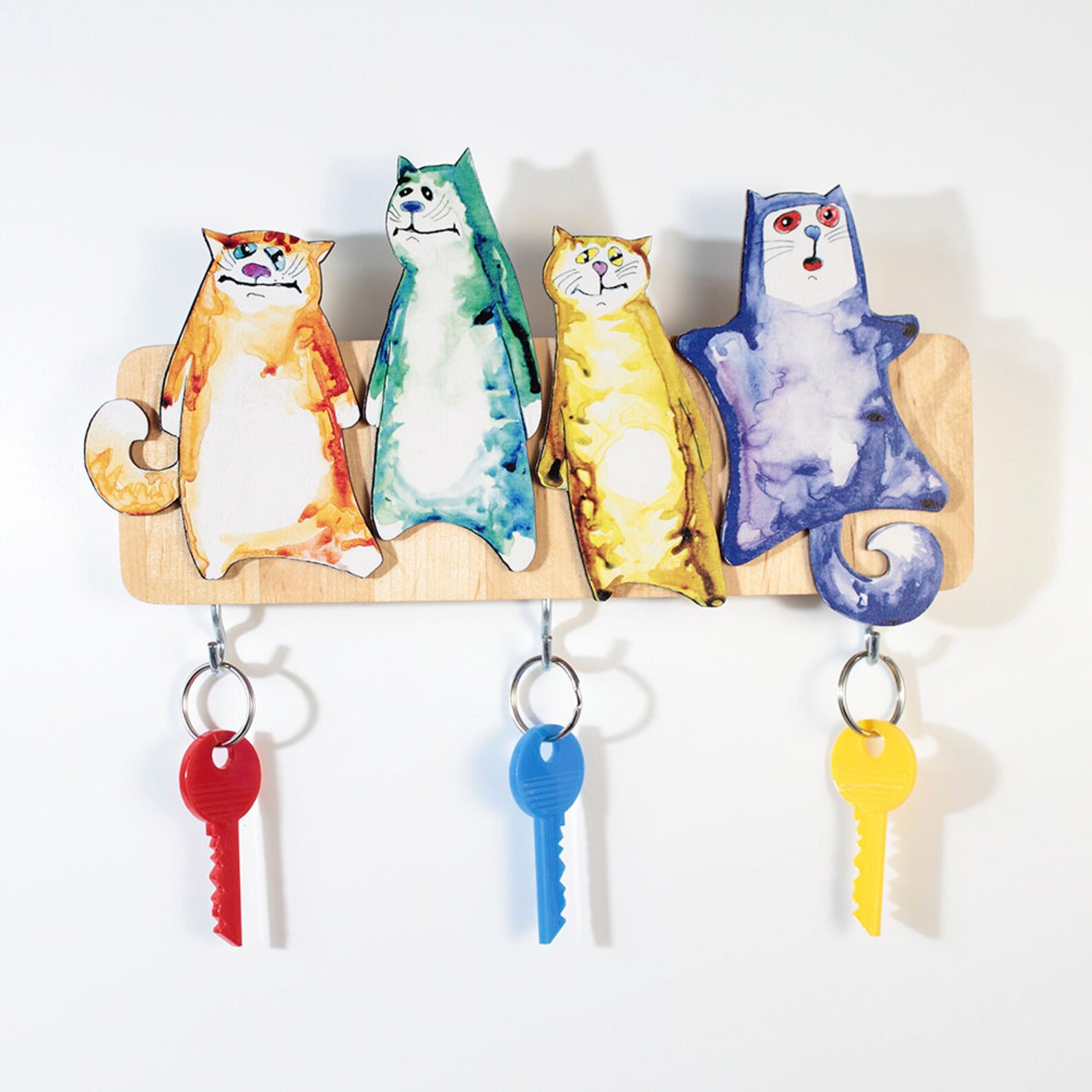 Cat key holder for wall funny cats colorful entryway wood Etsy