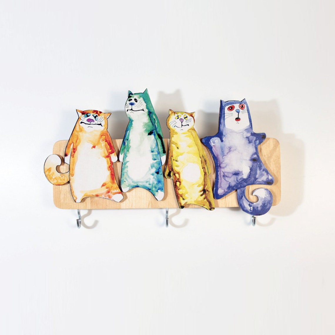 Cat key holder for wall funny cats colorful entryway wood Etsy