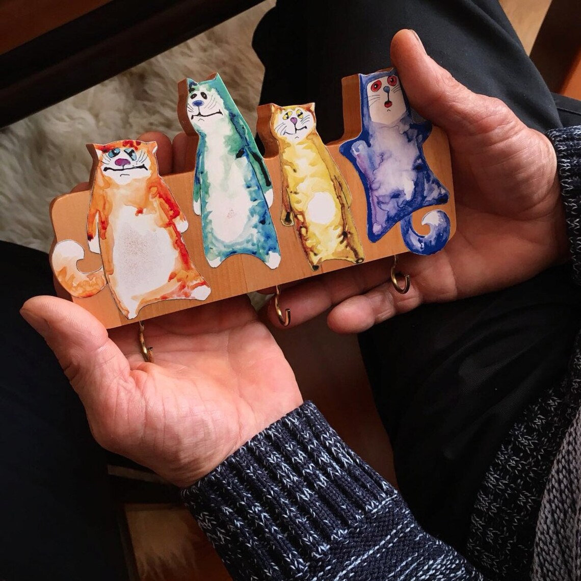 Cat key holder for wall funny cats colorful entryway wood Etsy