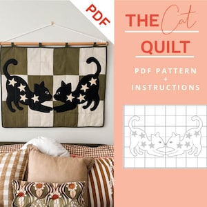 May include: A PDF pattern and instructions for a wall hanging quilt featuring two black cats with white star patterns on their bodies, set against a checkered olive green and cream background, displayed on a wooden rod with white cord.